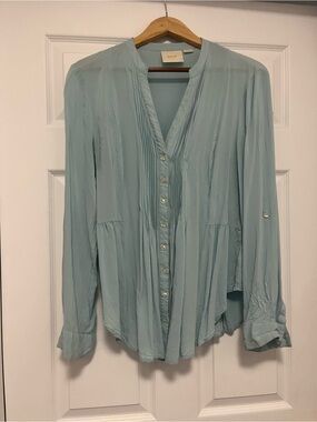 Maeve Light Teal Button-Front Pleated Blouse flowy size 14